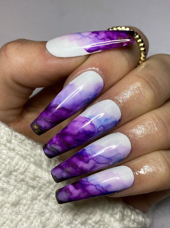 Coffin Purple Ombre Nails - purple ombre nails with glitter