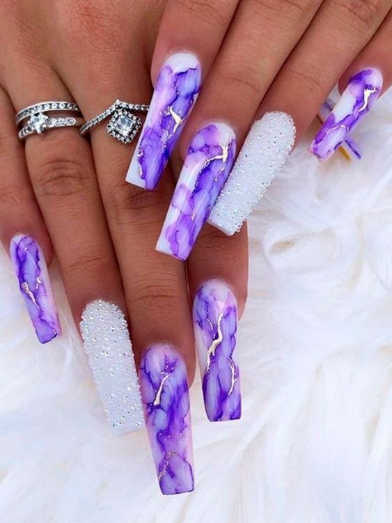 Coffin Purple Ombre Nails - purple ombre nails with glitter