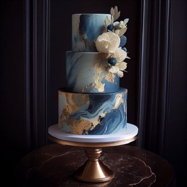 blue and golden marble floral engagment cake flavour - unique engagment cake idea