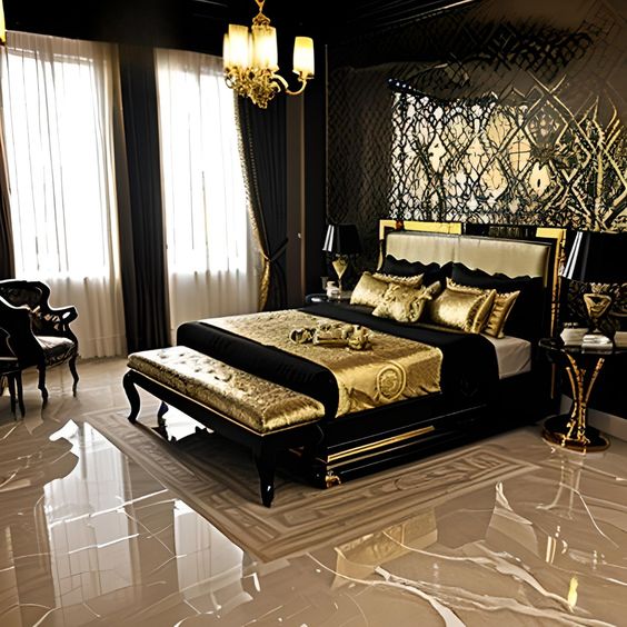 luxurious black and gold bedroom - Black and Gold Interior Design