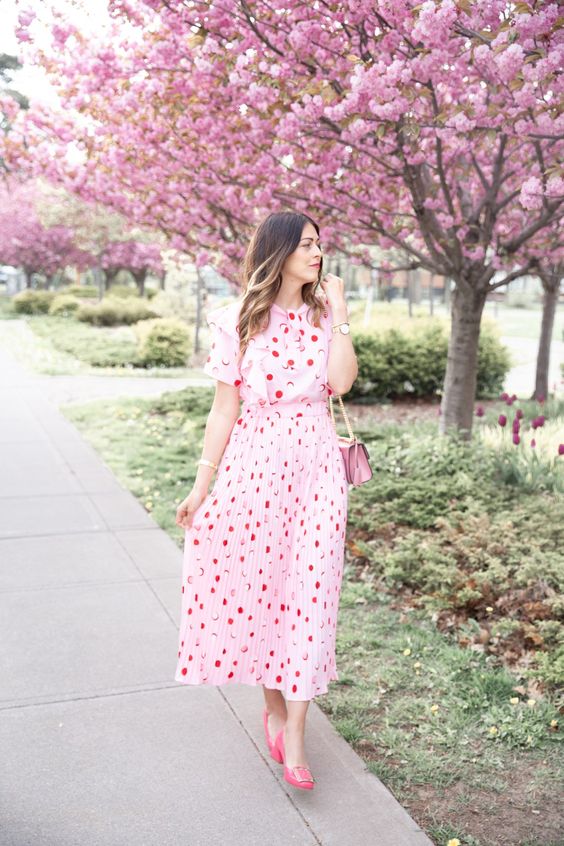 Polka Dot Pink Slit Dress - Garden Party Dress