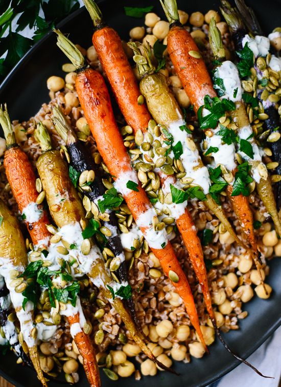 Roasted Carrots with Farro, Chickpeas & Herbed Creme Fraiche - award winning vegetarian recipes